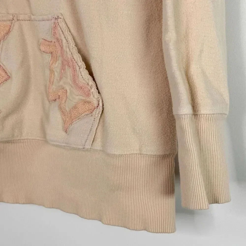 Free People Peach Floral Embroidered Pull-Over Hoodie Velvet Accents Medium Weig